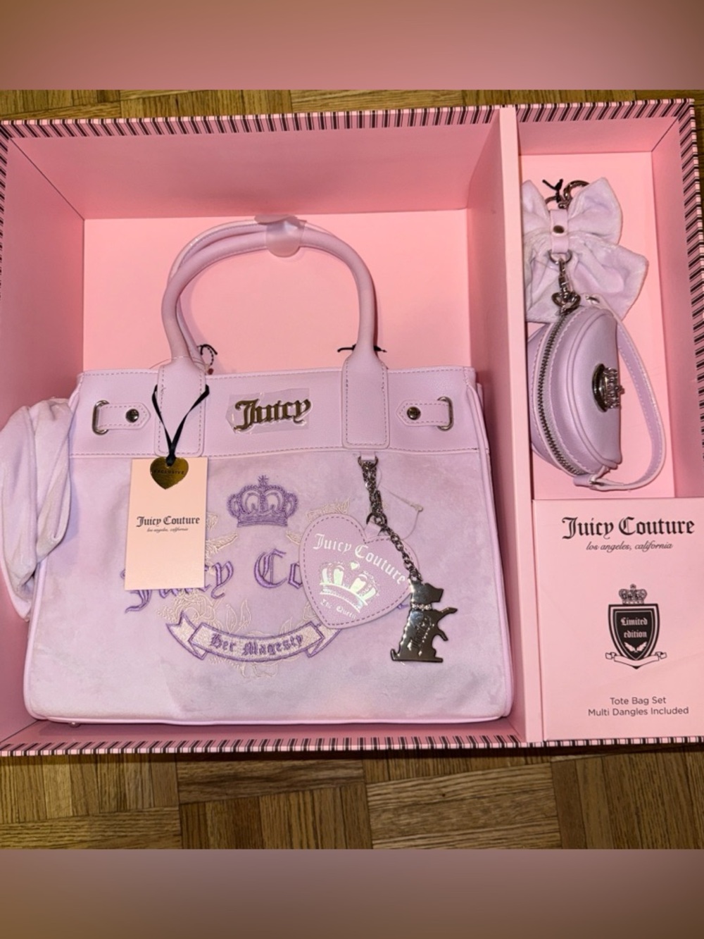 NEW Juicy Couture Heritage Tote Set in Lilac Mist purple tote bag set